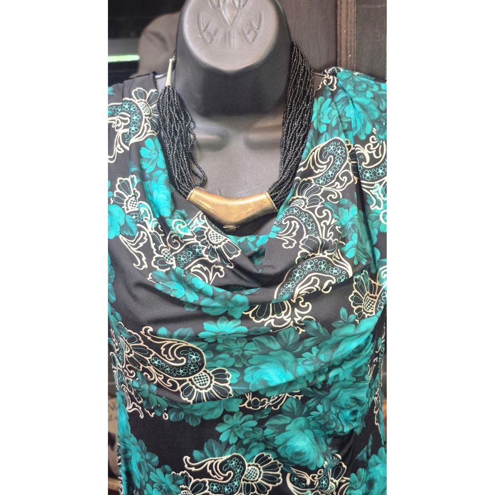 Connected Apparel Teal Black Floral Cowl Neck Ruched Sheath Dress Womens 12 - Picture 5 of 12